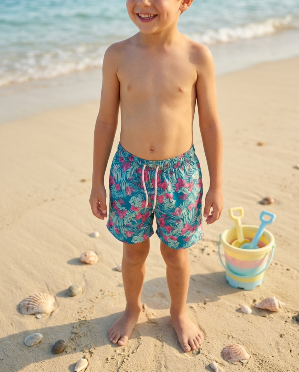 Hibiscus Breeze Kids' Swim Shorts P216 شورت سباحة للأطفال بنقشة زهور الهيبسكوس