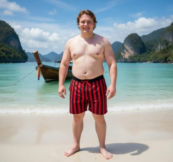 WhatsApp Image 2026-03-25 at 9.10.52 PM Crimson Stripes Swim Shorts P186 شورت سباحة مخطط أحمر جريء